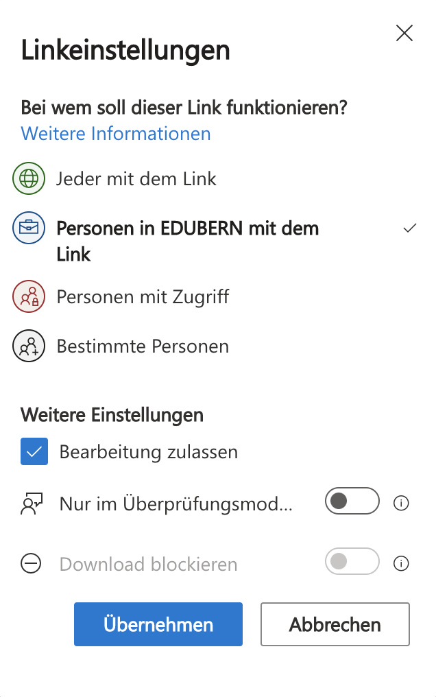 Linkeinstellungen für Ordner